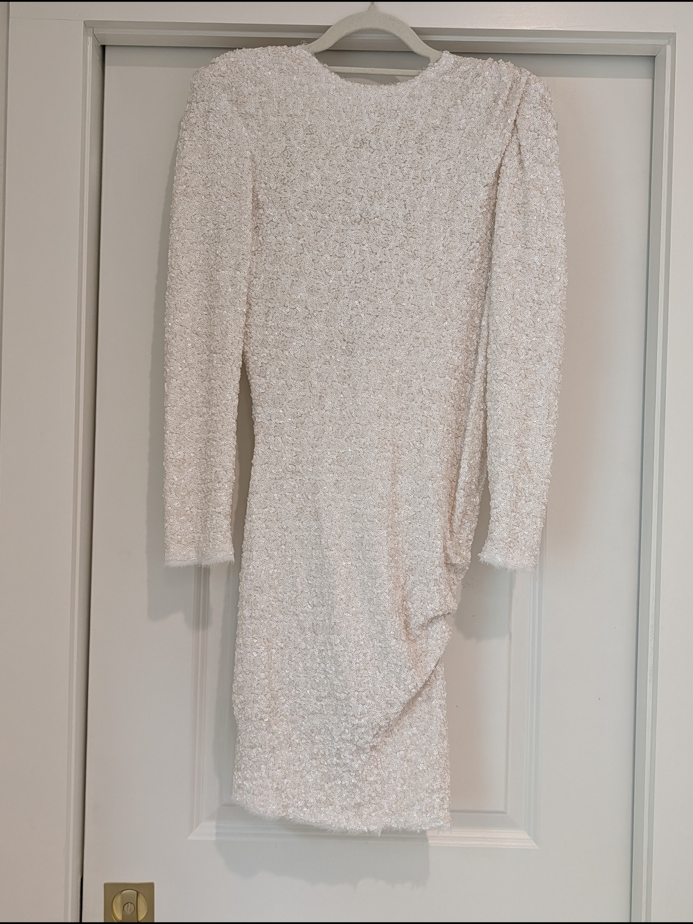 Zara Ivory Sequin Long-Sleeve Backless Side Ruch Feather Fringe Mini Dress NWT